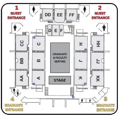 Graduation venue map showing the stage at the bottom, graduate and faculty seating in the center, and audience sections labeled A–KK on both sides. Guest entrances are at the top left and top right, and graduate entrances are at the bottom left and bottom right. Concessions, restrooms, elevators, and accessible seating are marked throughout.