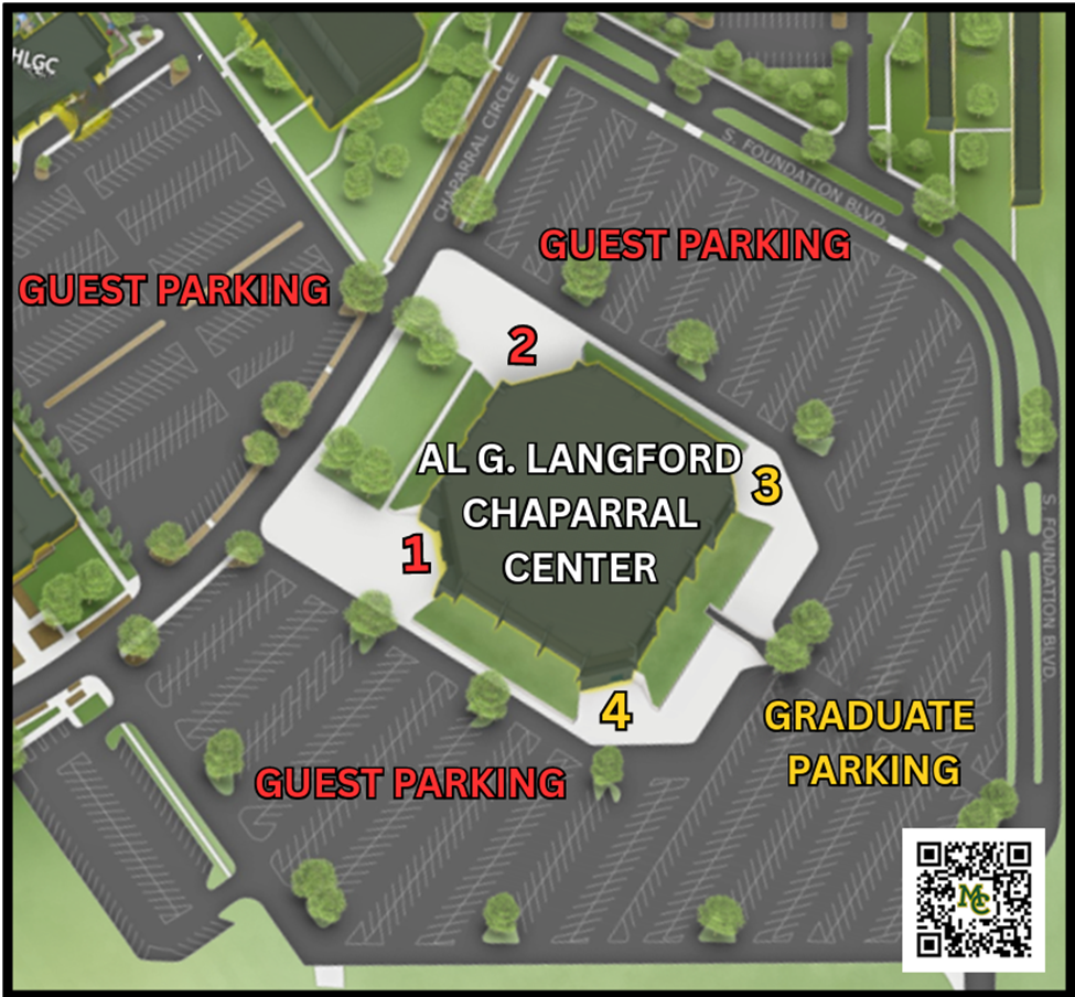 Aerial map of the Al G. Langford Chaparral Center featuring a central green-roofed building with four numbered entrances (1–4). Guest parking lots, labeled in red, surround the north, west, and south sides, while graduate parking, labeled in yellow, is on the east side.