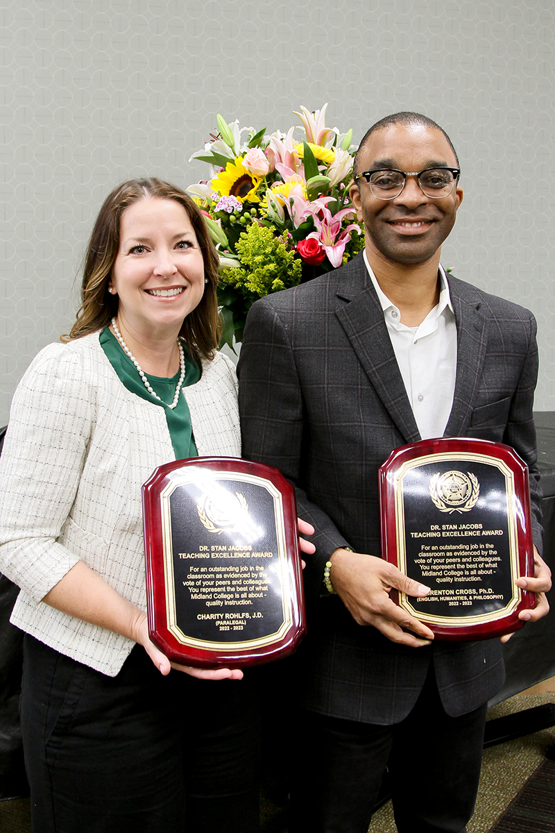 The image to use for this article. Listing image managed through RSS tab. Winners of the 2023 Midland College Dr. Stan Jacobs Teaching Excellence Award: Charity Rohlfs, JD (left) and Brenton Cross, Ph.D. (right)