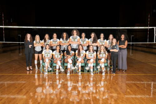 s2025 Lady Chaps Volleyball team poses in the Al G. Langford Chaparral Center
