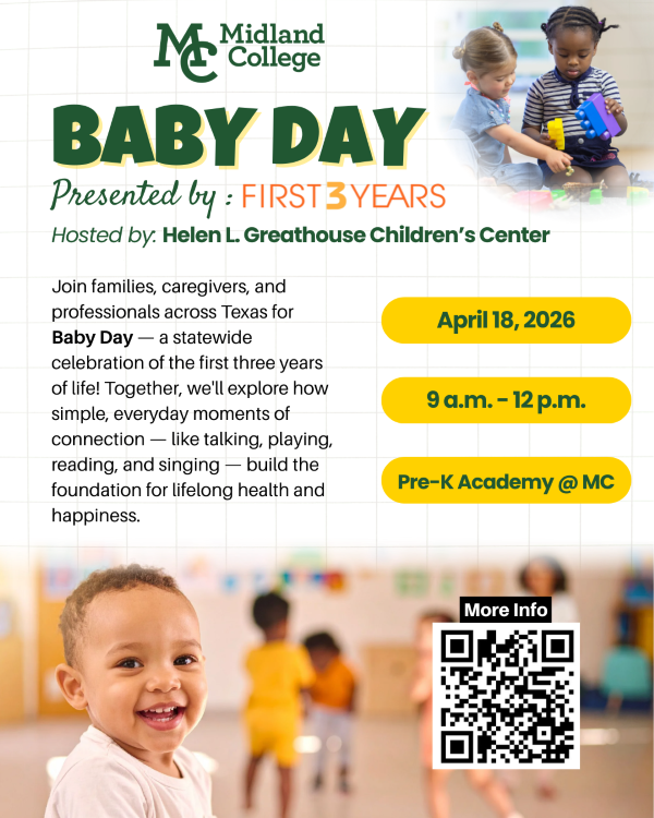 sposter with two pics of children in childcare centers with information for Midland College's Baby Day event on April 18