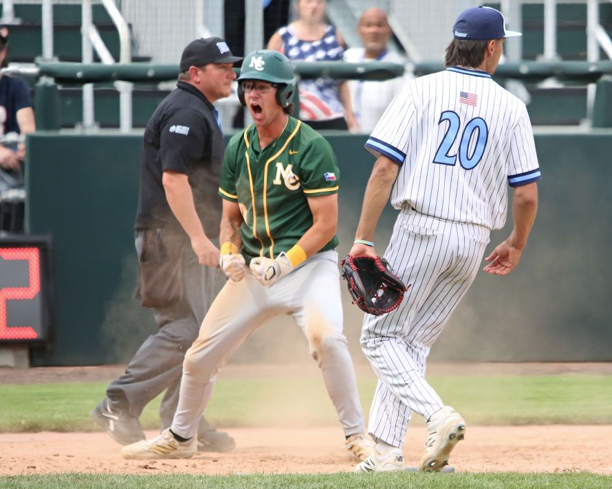sMidland College baseball player Jorge Gil celebrates a home run at home plate against Harford College
