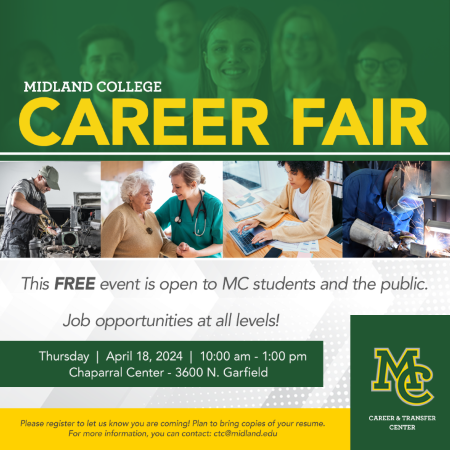 The image to use for this article. Listing image managed through RSS tab. Midland College Career Fair flyer
