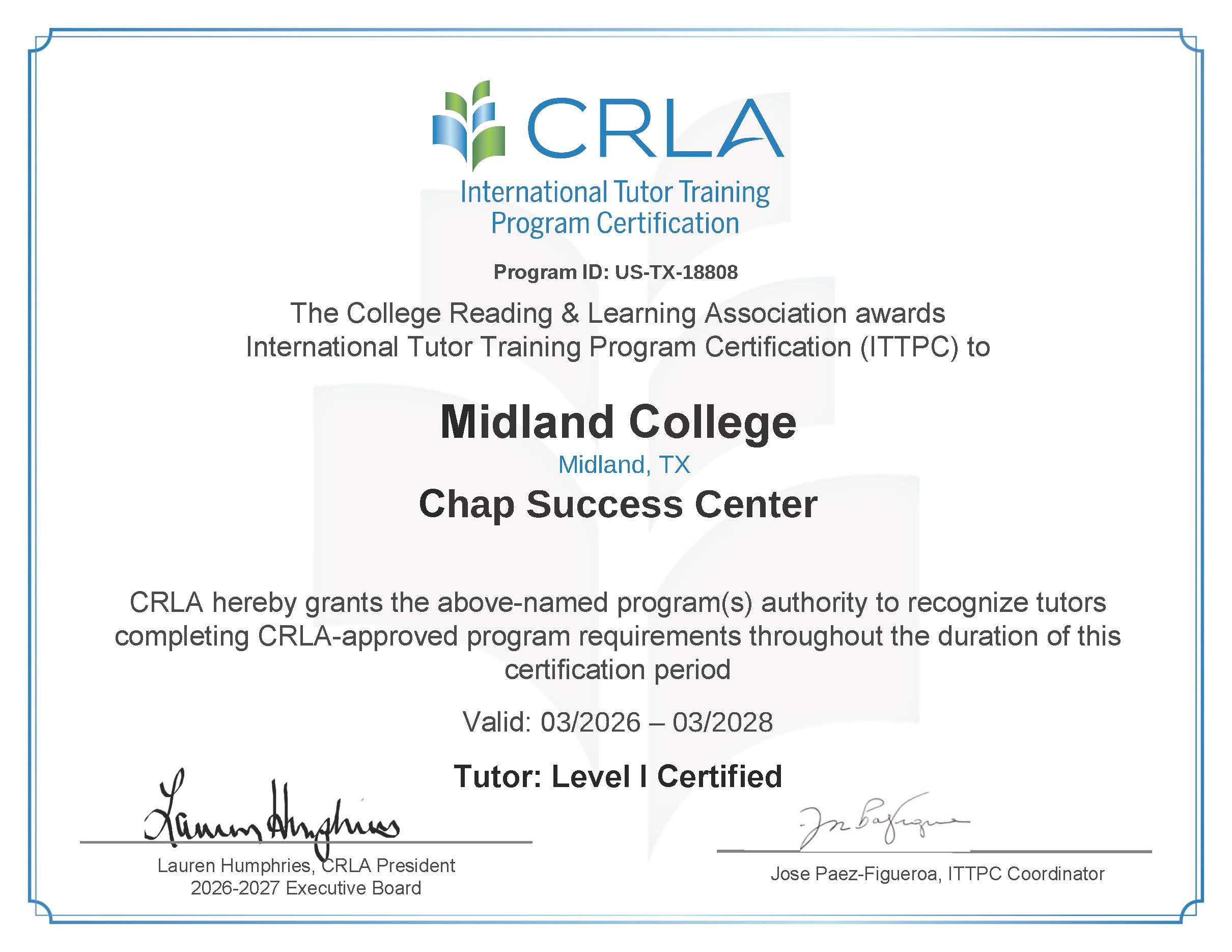 sa certificate from CRLA showing the Chap Success Center's new certification