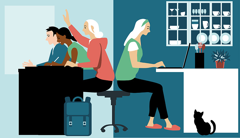 sStudent in traditional class on left; same student sitting at home computer on right.