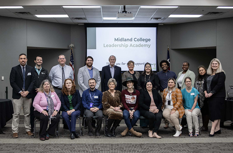 The image to use for this article. Listing image managed through RSS tab.  Midland College inaugural Leadership Academy participants and facilitators.  Pictured front row left to right:  Maggie Middleton, Ginger Schantz, Doug Whitman, Leslie Goodrum, Jessica Struck, Monica Reyes, Vicky Macias and Brianna Barnard.  Pictured back row left to right:  Dr. Will Torres, program facilitator; Kevin Goldsmith; Dr. William ‘Chris’ Brown; Ty Soliz; Dr. Steve Thomas, MC president; Jaqueline January; Victoria Santiago; Khalinn Poole; Sheena Thompson; Josefina Samaguey; and Dr. Lee Grimes, program facilitator
