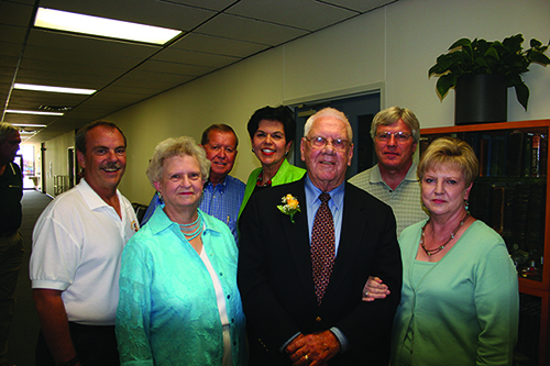 The image to use for this article. Listing image managed through RSS tab. After Jess Parrish retired as MC’s second president, the college named the foyer of the Davidson Health Sciences Center in his honor.  Parrish (front, center) is surrounded by several Health Sciences faculty and administrators.  All of these people have now retired from MC.  Front row left to right:  Dr. Celia Harris, Dr. Jess Parrish (deceased and Rita Stotts.  Back row left to right:  William Heathman, Wayne Holcomb (deceased), Dr. Eileen Piwetz and Quinn Carroll.