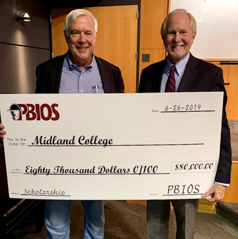 The image to use for this article. Listing image managed through RSS tab. Steve Castle, former board president of the Permian Basin International Show, presents a check for $80,000 from PBIOS to Dr. Steve Thomas, Midland College president.