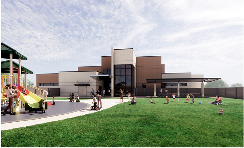 The image to use for this article. Listing image managed through RSS tab. Architectural rendering of outdoor playground area of Pre-K Academy and Center for Teaching Excellence