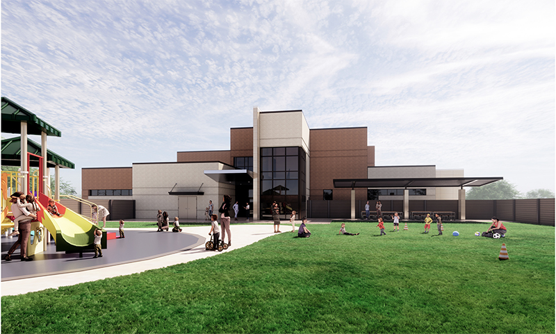 sArchitecture rendering of outdoor play area of Pre-K Academy & Center for Teaching Excellence