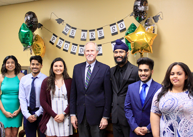 s2019 Midland College Primary Care Pathway graduates with Midland College President Dr. Steve Thomas. Pictured from left to right are Mariah Herrera, Salman Mohiuddin, Natalie Adams, Dr. Steve Thomas, Manin Sehgal, Affan Ahmed and Lydia Padilla.