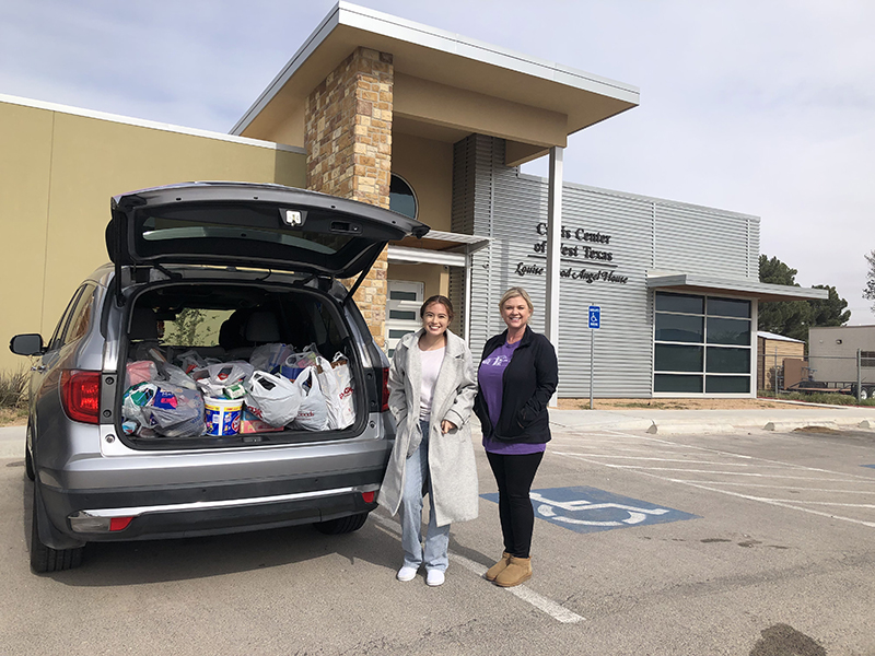 The image to use for this article. Listing image managed through RSS tab. Maria Gonzalez, MC student and vice president of Phi Theta Kappa Honor Society (left), delivers 30 bags of personal care items to Lorie Dunnam, executive director of the Crisis Center of West Texas (right).