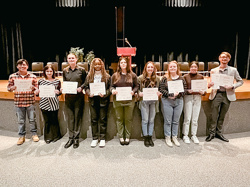 The image to use for this article. Listing image managed through RSS tab. Winners of the 2023 Rebecca Watson Creative Writing Contest.  Pictured from left to right are Ruben Ramirez, Jr., Jayne Bauer, Liam Swain, Jessica Maduabuchuku, Emily Gaines, Audriana Salais, Shelby Richardson, Emily Nguyen and Ethan Hedges