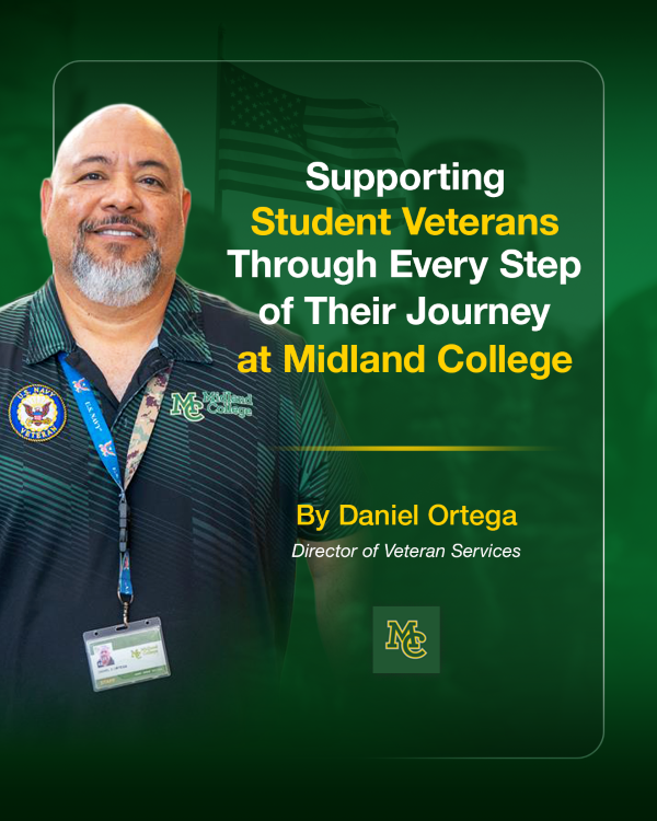 The image to use for this article. Listing image managed through RSS tab. midland college director of veteran services Daniel Ortega poses in front of a green background with a faded American flag showing through with the title of the blog on the graphic