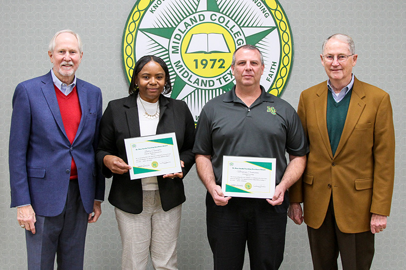 sLeft to right, Dr. Steve Thomas, Midland College President, Betty Clements and Norman Cremeans, 2021 teaching excellence winners and Dr. Stan Jacobs, award benefactor