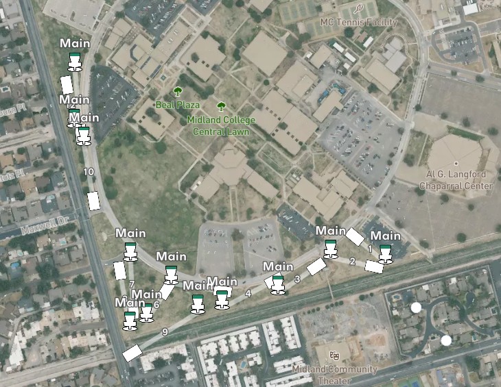 Disc Golf Map Midland College disc golf course map showing basket locations and hole layout across campus. The Midland College Disc Golf Course is located along the west side of campus adjacent to N. Garfield Street and continues around the south side of campus, parallel to W. Wadley Avenue.